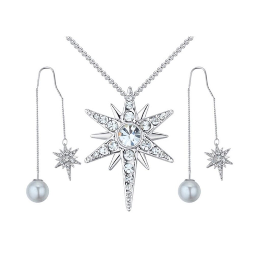 Crystal Starburst Necklace & Earrings Set – Faux Pearl Drop – Sparkling Gift for